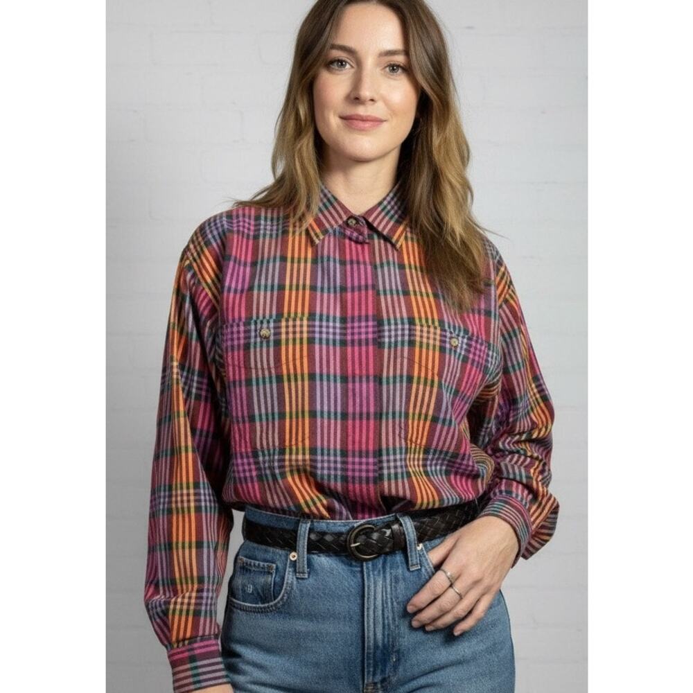 Vintage 90's French Navy Plaid Oxford Cloth Button Down Shirt